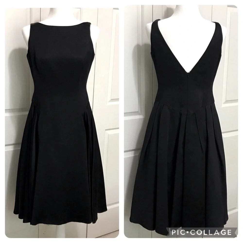 90s Carmen Marc Valvo Collection Black Satin V Back Cocktail Evening Dress 8 - Picture 1 of 16